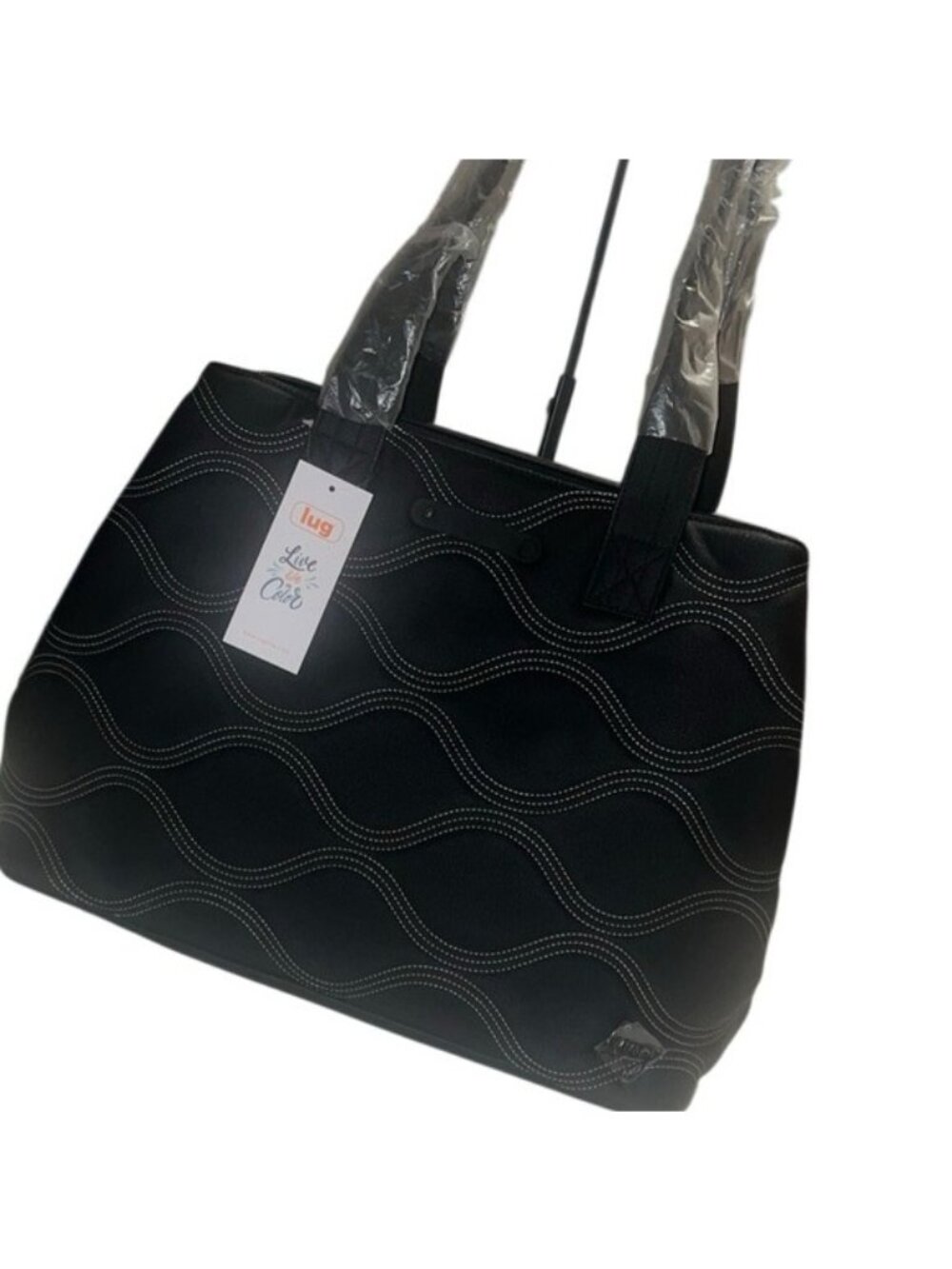 Lug Tempo Matte Black Quilted Multicolor Stitching Large Tote NWT